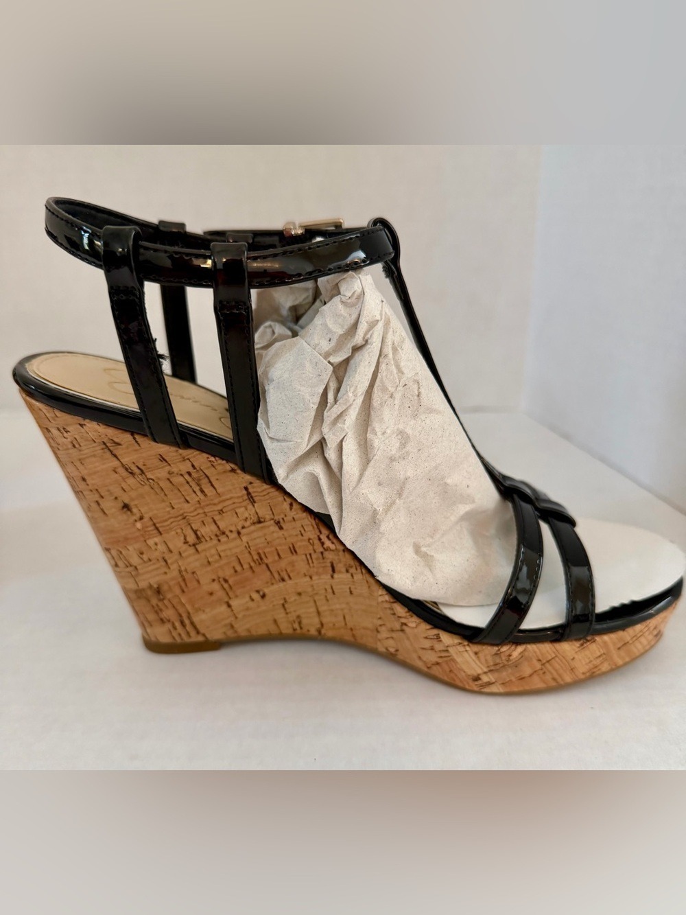 NWT Jessica Simpson Jardina Black Patent Cork Wedge Sandals Size 7M - Picture 8 of 15